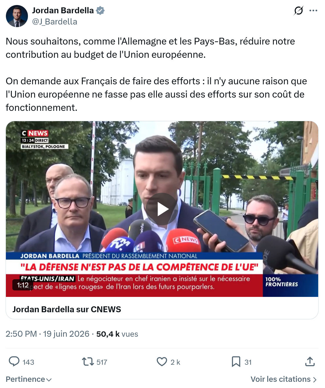 Jordan Bardella: Nous souhaitons, comme l'Allemagne et...