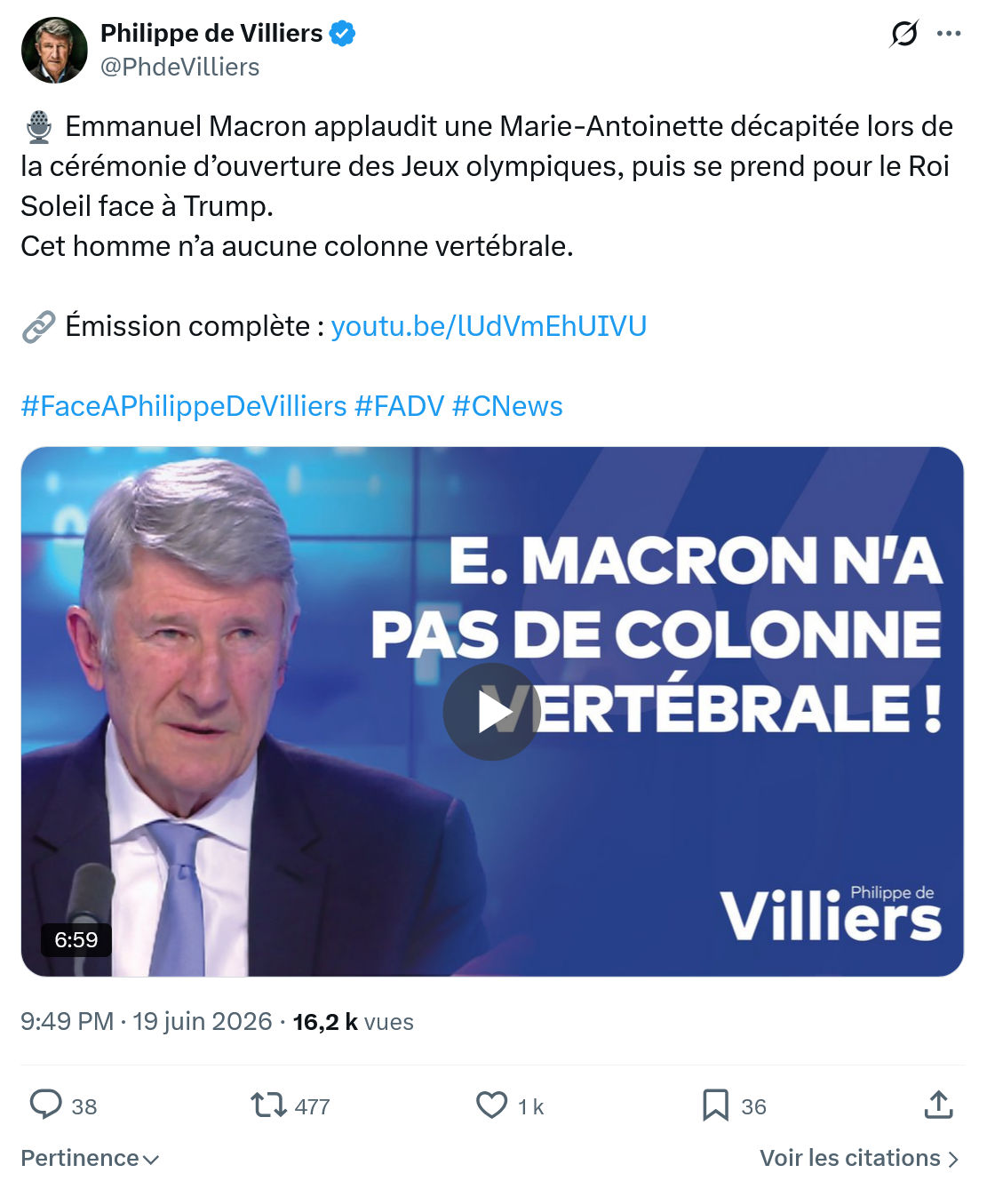 Philippe de Villiers: Emmanuel Macron applaudit une Marie-Antoinette...