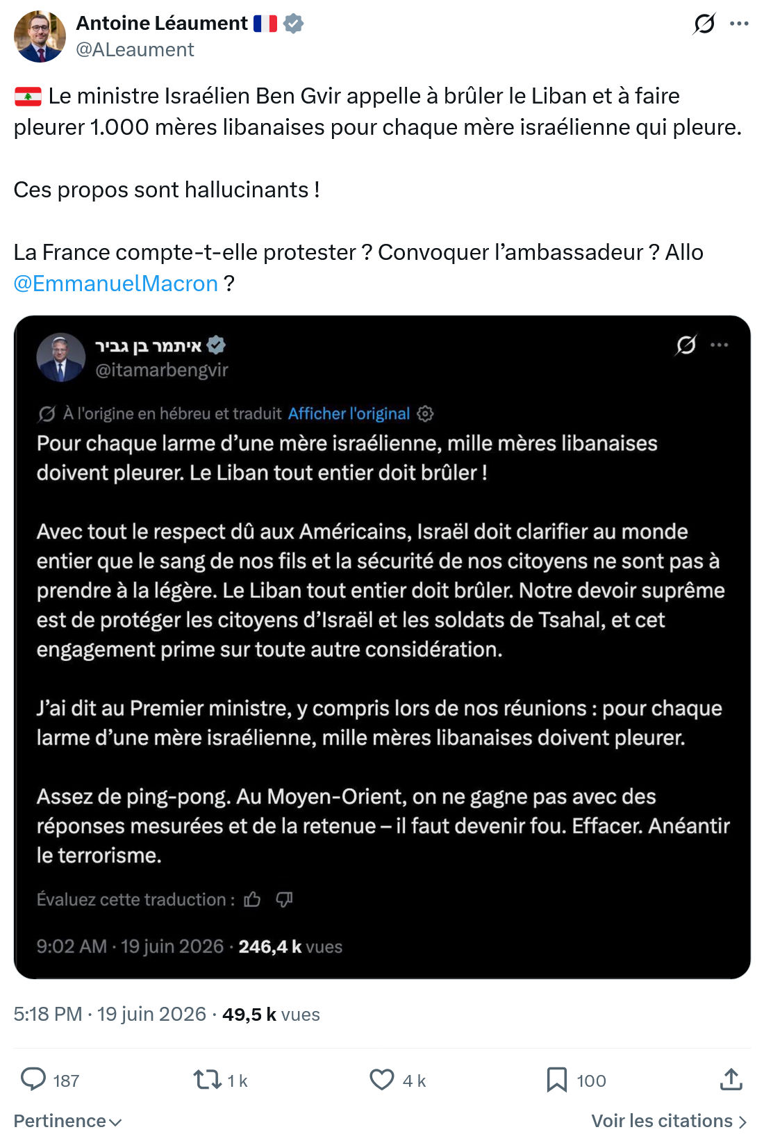Antoine Léaument: Le ministre Israélien Ben Gvir appelle à