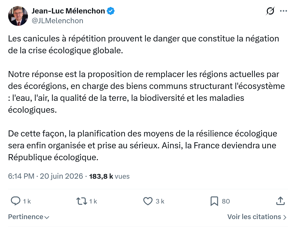 Jean-Luc Mélenchon: Les canicules à répétition prouvent le danger...