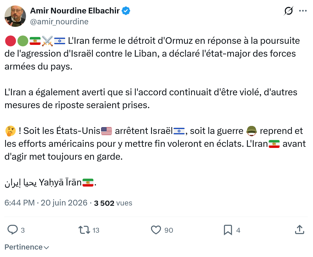 Amir Nourdine Elbachir: L'Iran ferme le détroit d'Ormuz en...