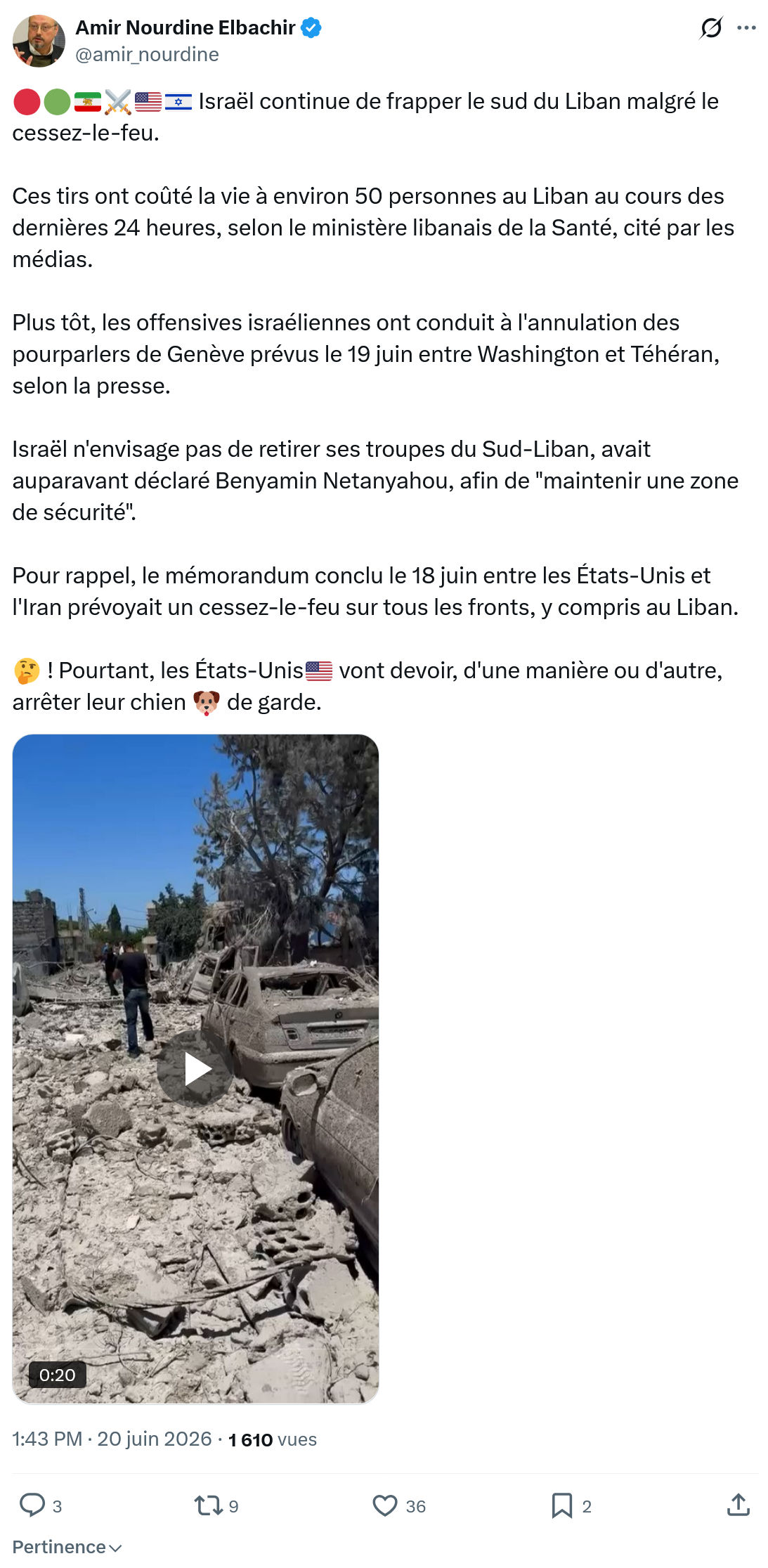 Amir Nourdine Elbachir: Israël continue de frapper le sud...
