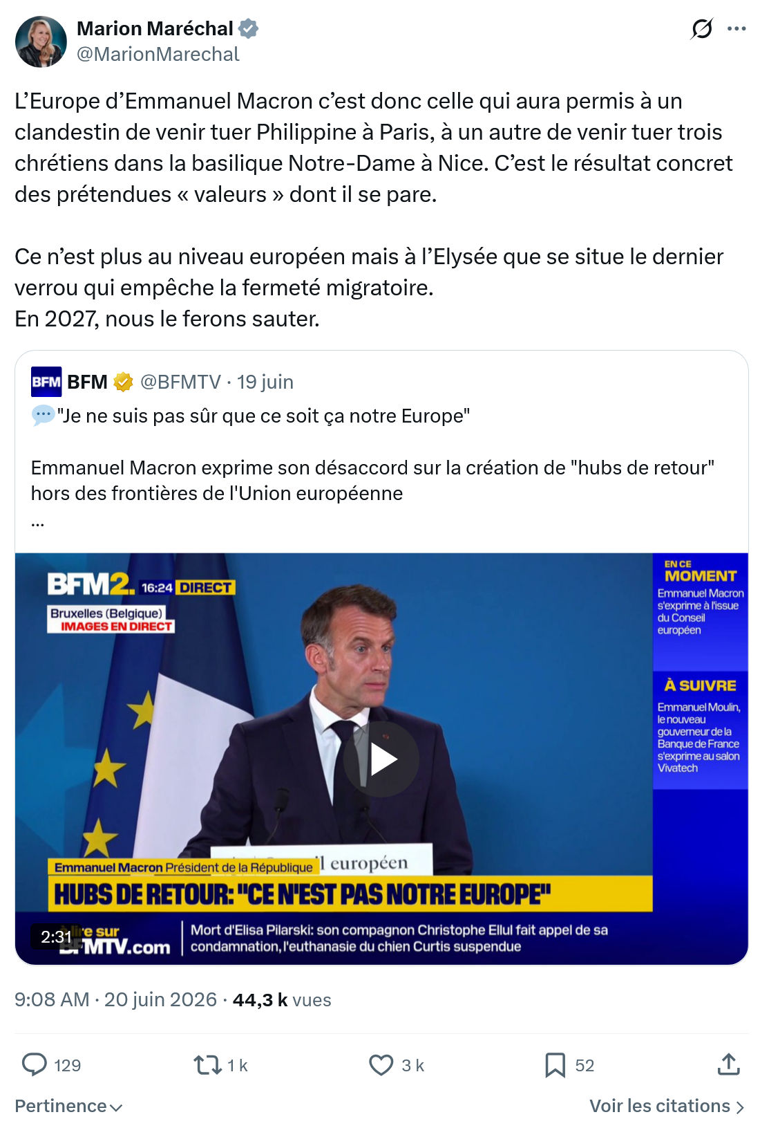 Marion Maréchal- Le Pen: L’Europe d’Emmanuel Macron c’est donc...