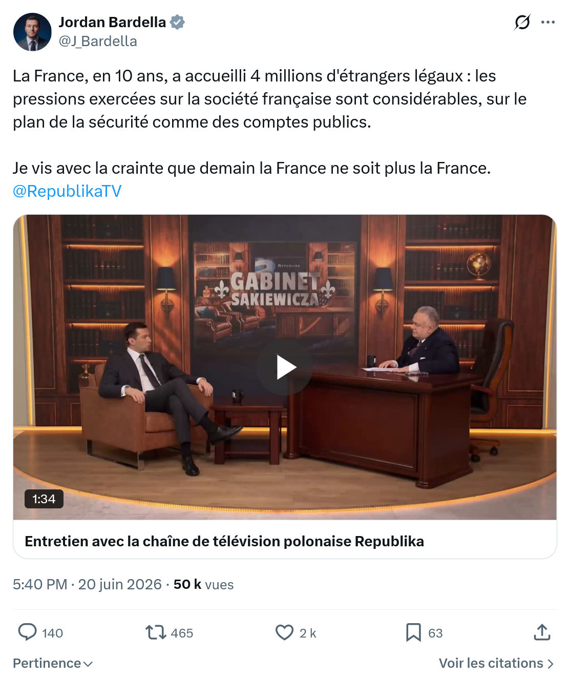 Jordan Bardella: La France, en 10 ans, a accueilli...