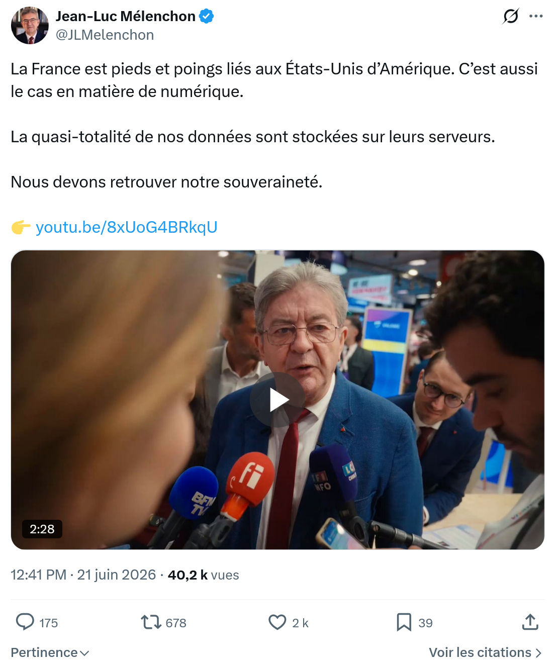 Jean-Luc Mélenchon: La France est pieds et poings liés...