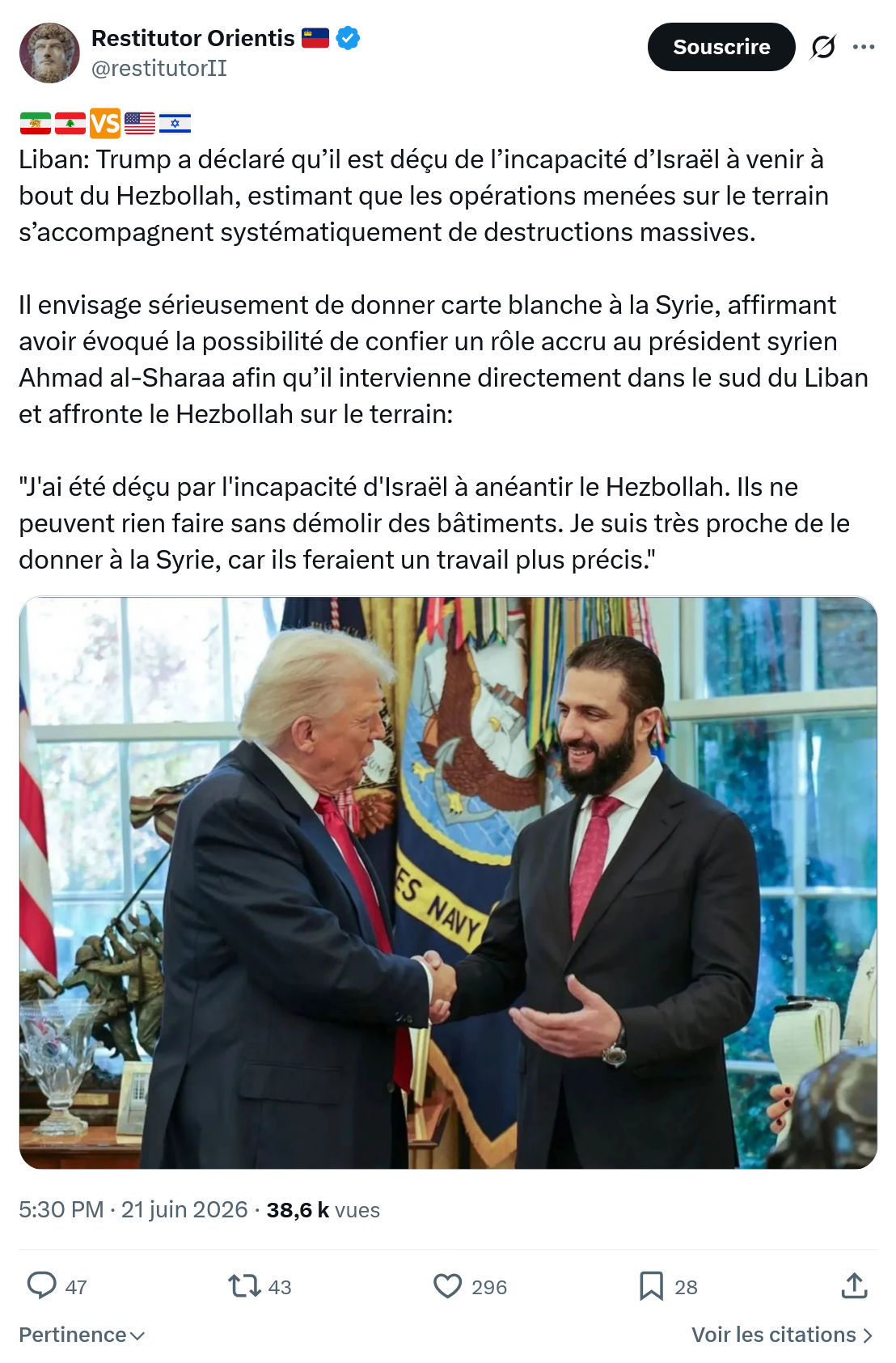 Restitutor Orientis: Liban: Trump a déclaré qu’il est...