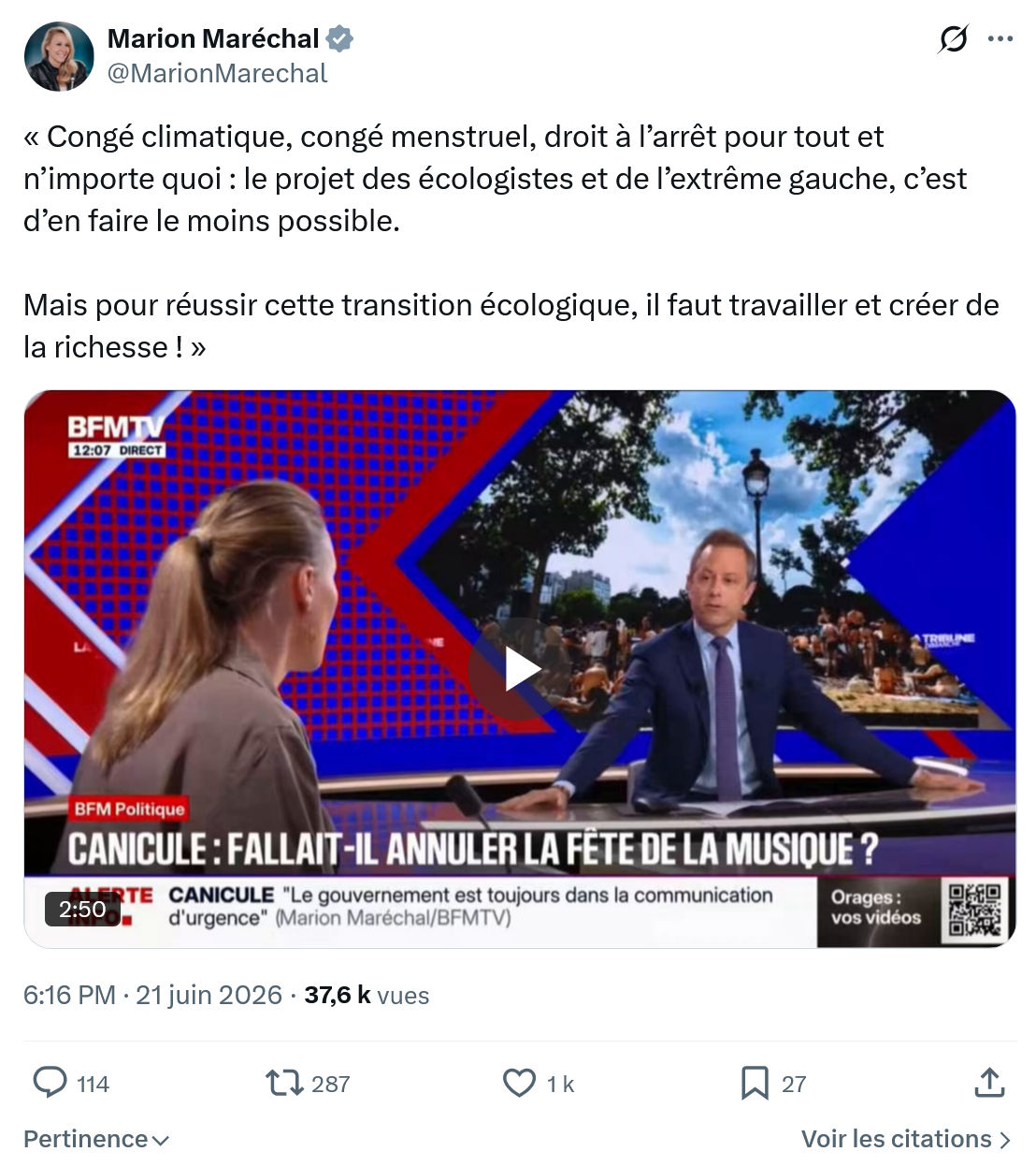 Marion Maréchal- Le Pen: Congé climatique, congé menstruel, droit...