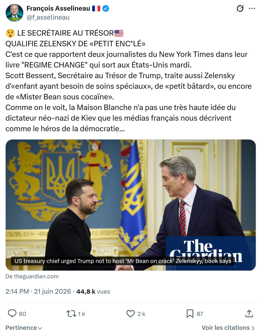 Francois Asselineau: LE SECRÉTAIRE AU TRÉSOR🇺🇸 QUALIFIE...