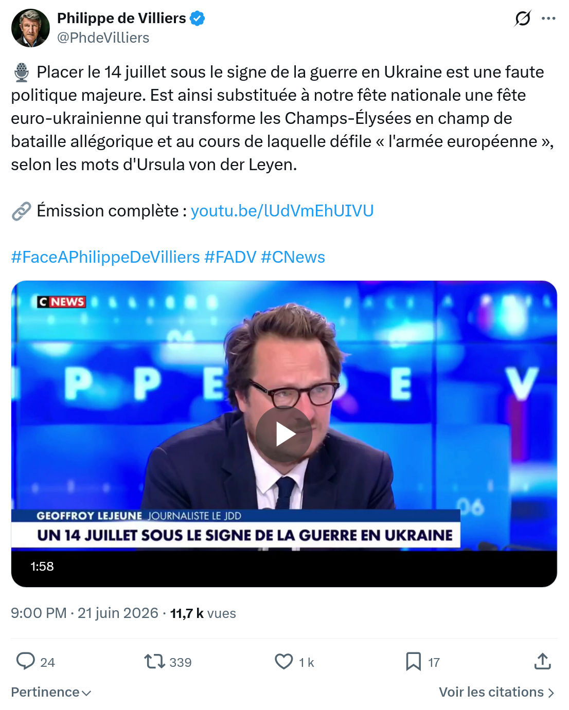Philippe de Villiers: Placer le 14 juillet sous le signe...
