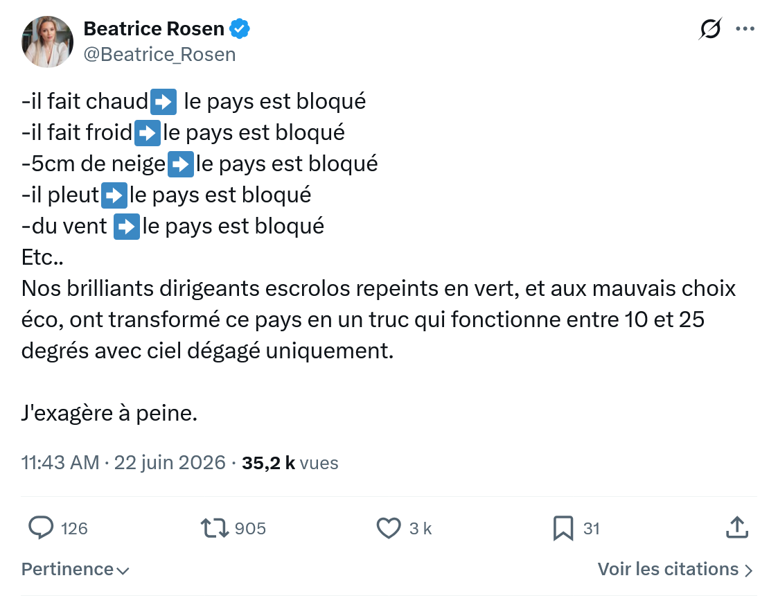 Béatrice Rosen: il fait chaud le pays est bloqué...
