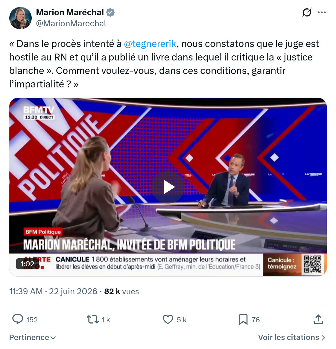 Marion Maréchal- Le Pen: Dans le procès intenté à @tegnererik , nous constatons...