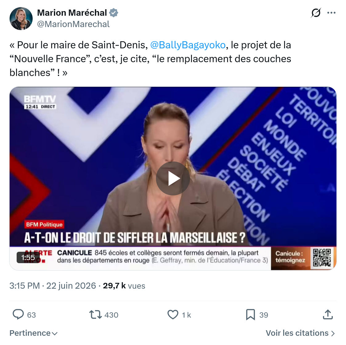 Marion Maréchal- Le Pen: Pour le maire de Saint-Denis...