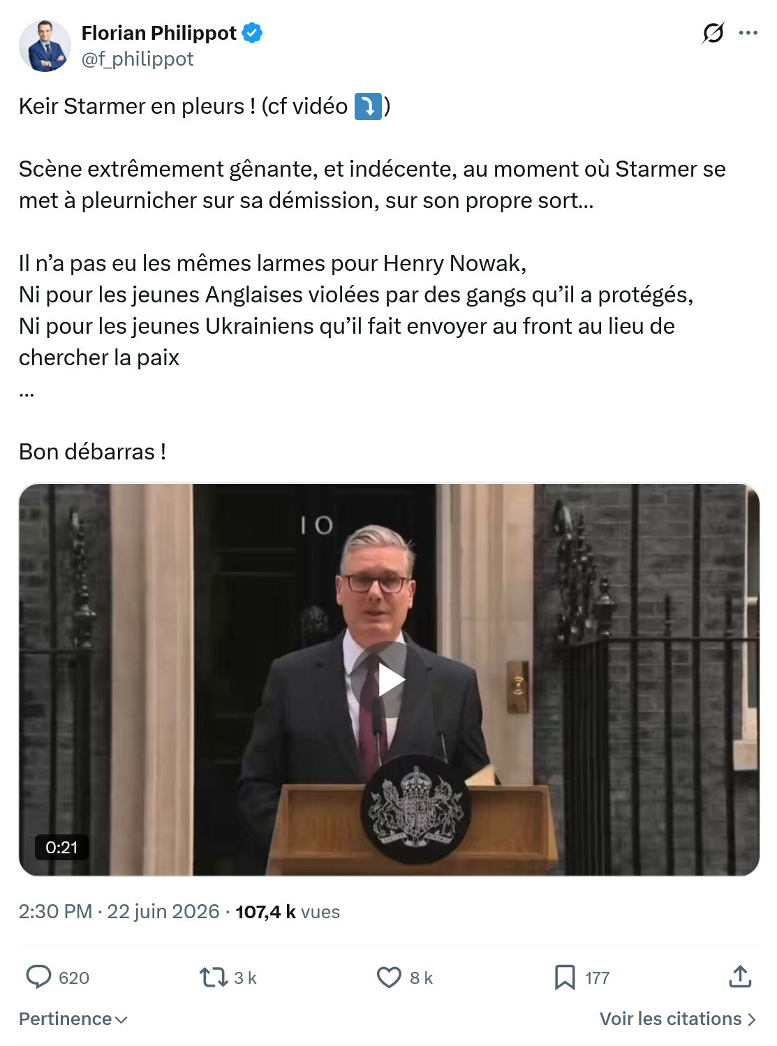 Florian Philippot: Keir Starmer en pleurs ! cf vidéo...