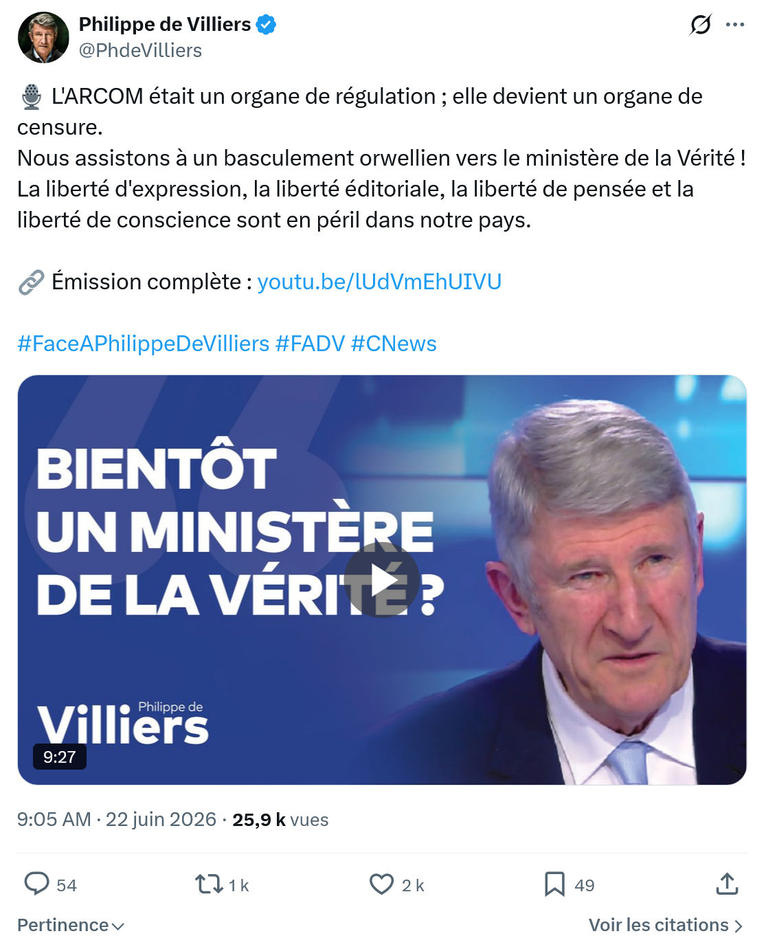 Philippe de Villiers: L'ARCOM était un organe de régulation
