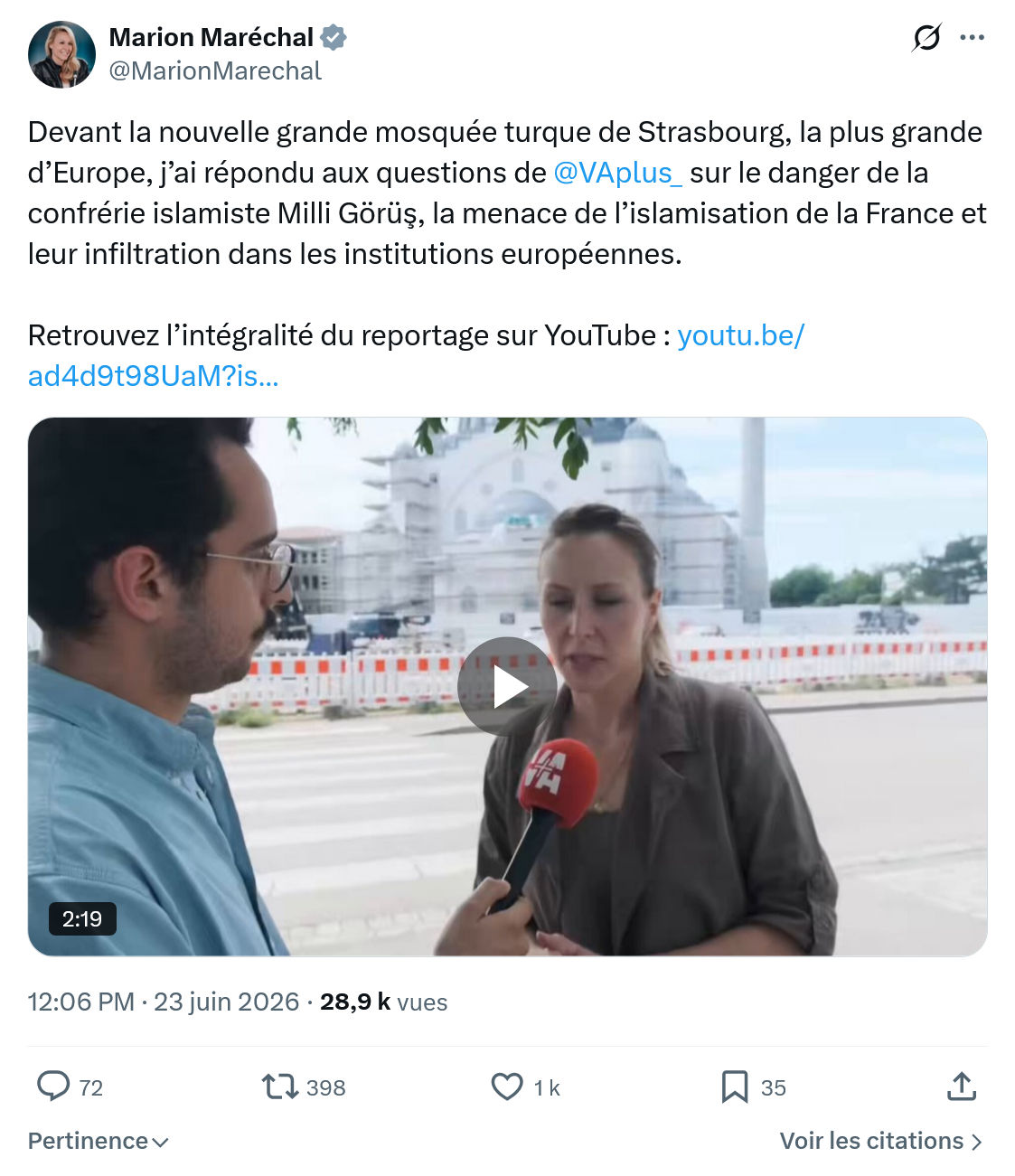 Marion Maréchal- Le Pen: Devant la nouvelle grande mosquée...