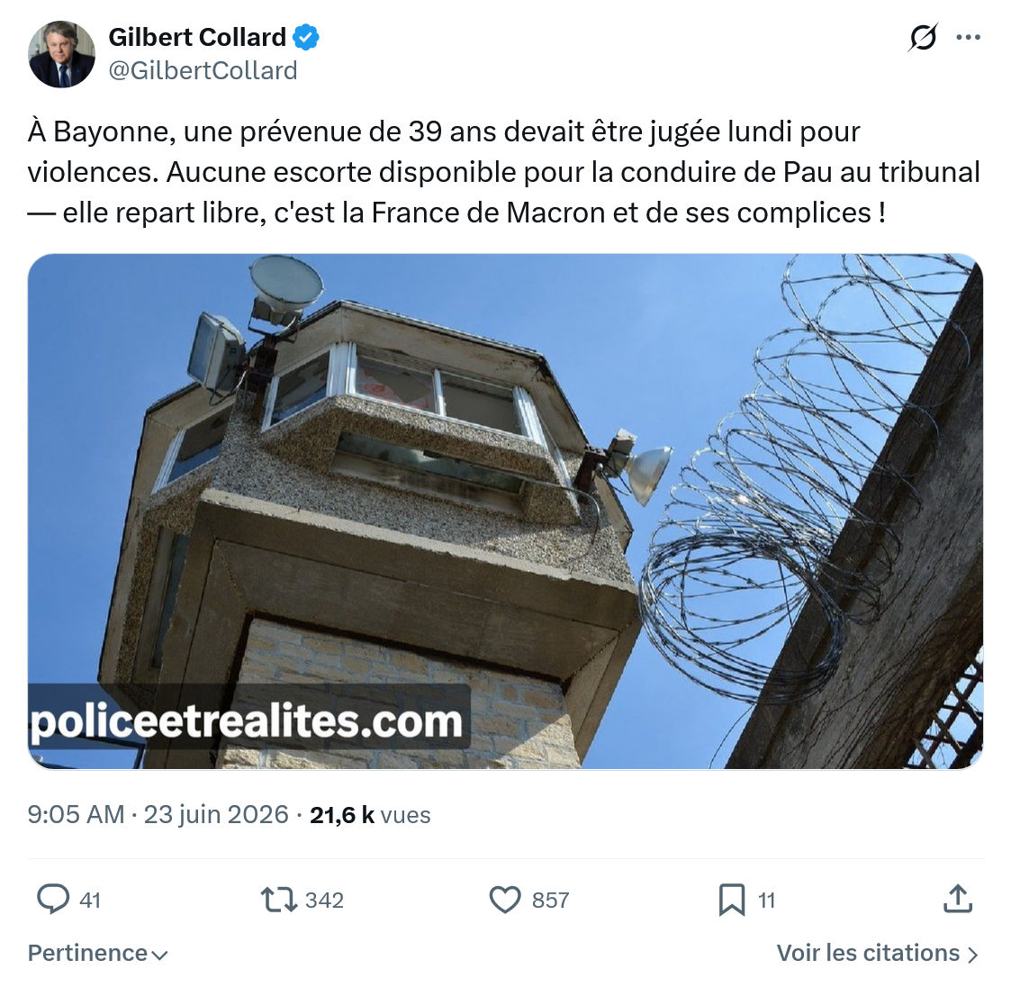 Gilbert Collard: À Bayonne, une prévenue de...