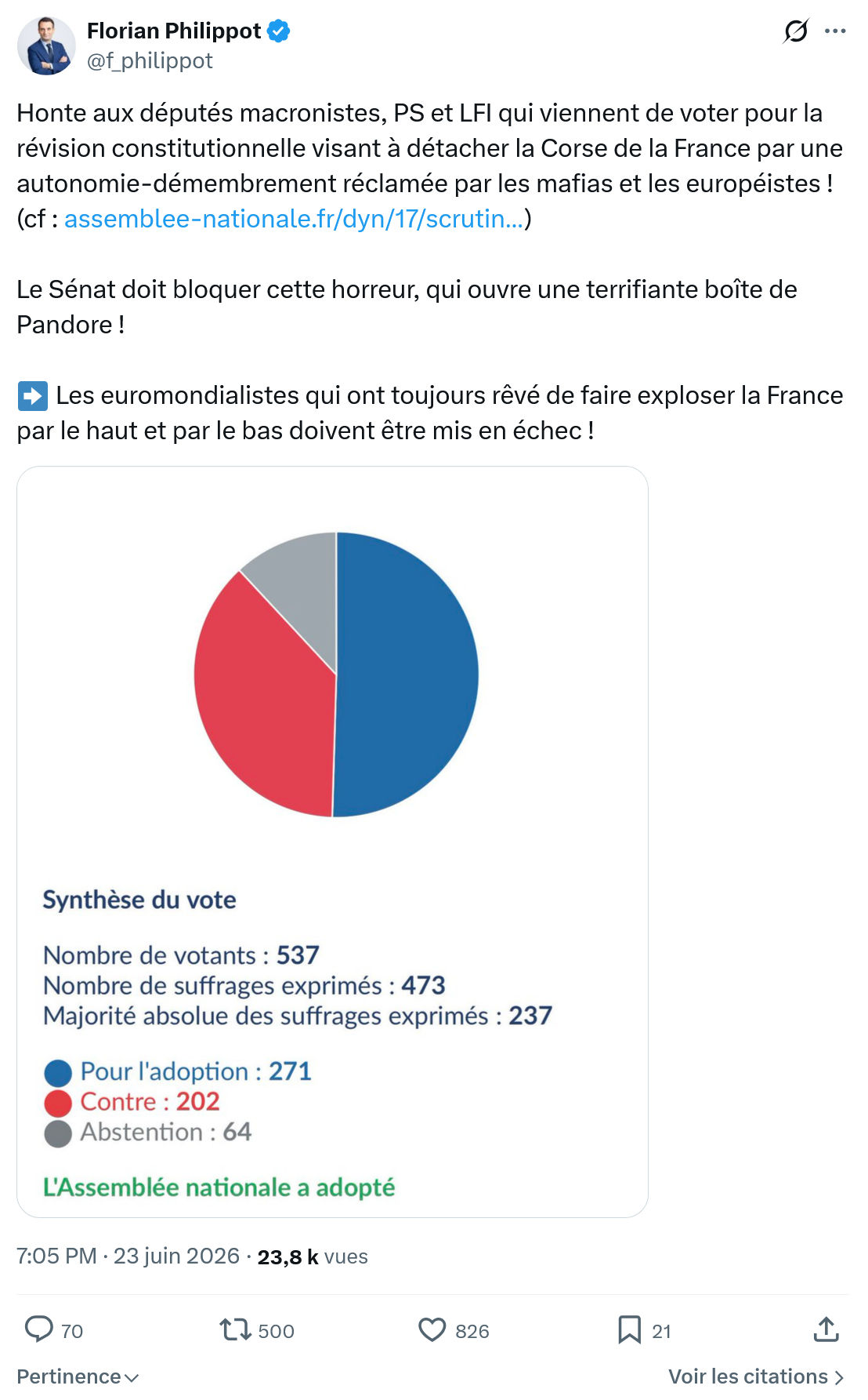 Florian Philippot: Honte aux députés macronistes, PS...