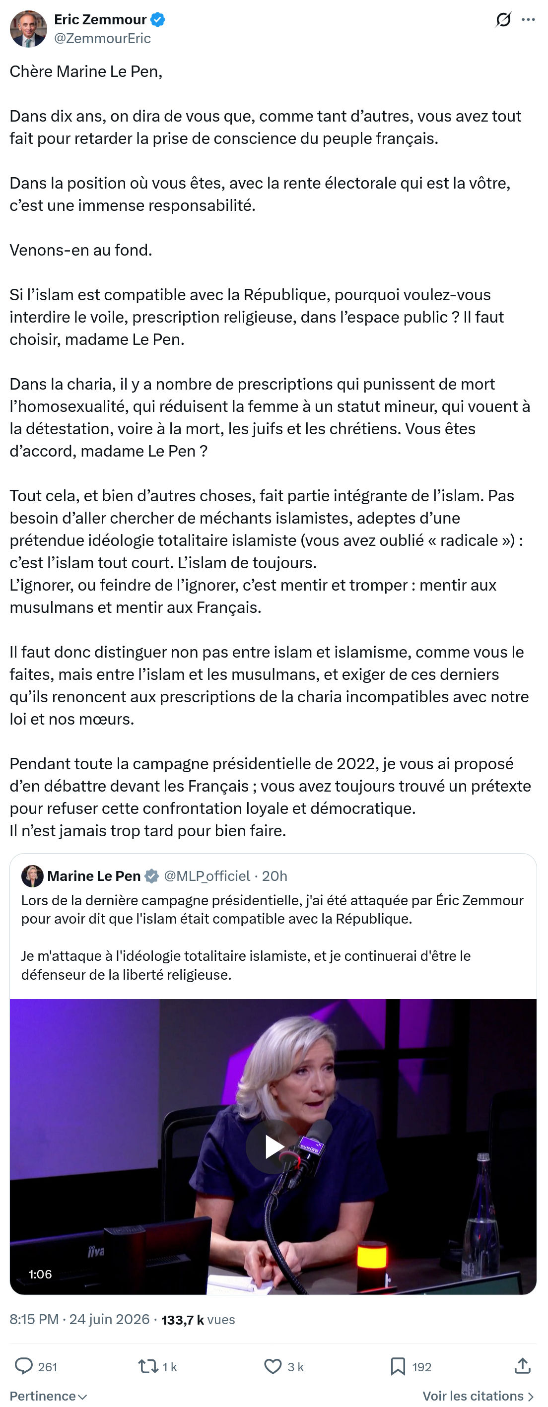 Eric Zemmour: Chère Marine Le Pen,  Dans dix ans...