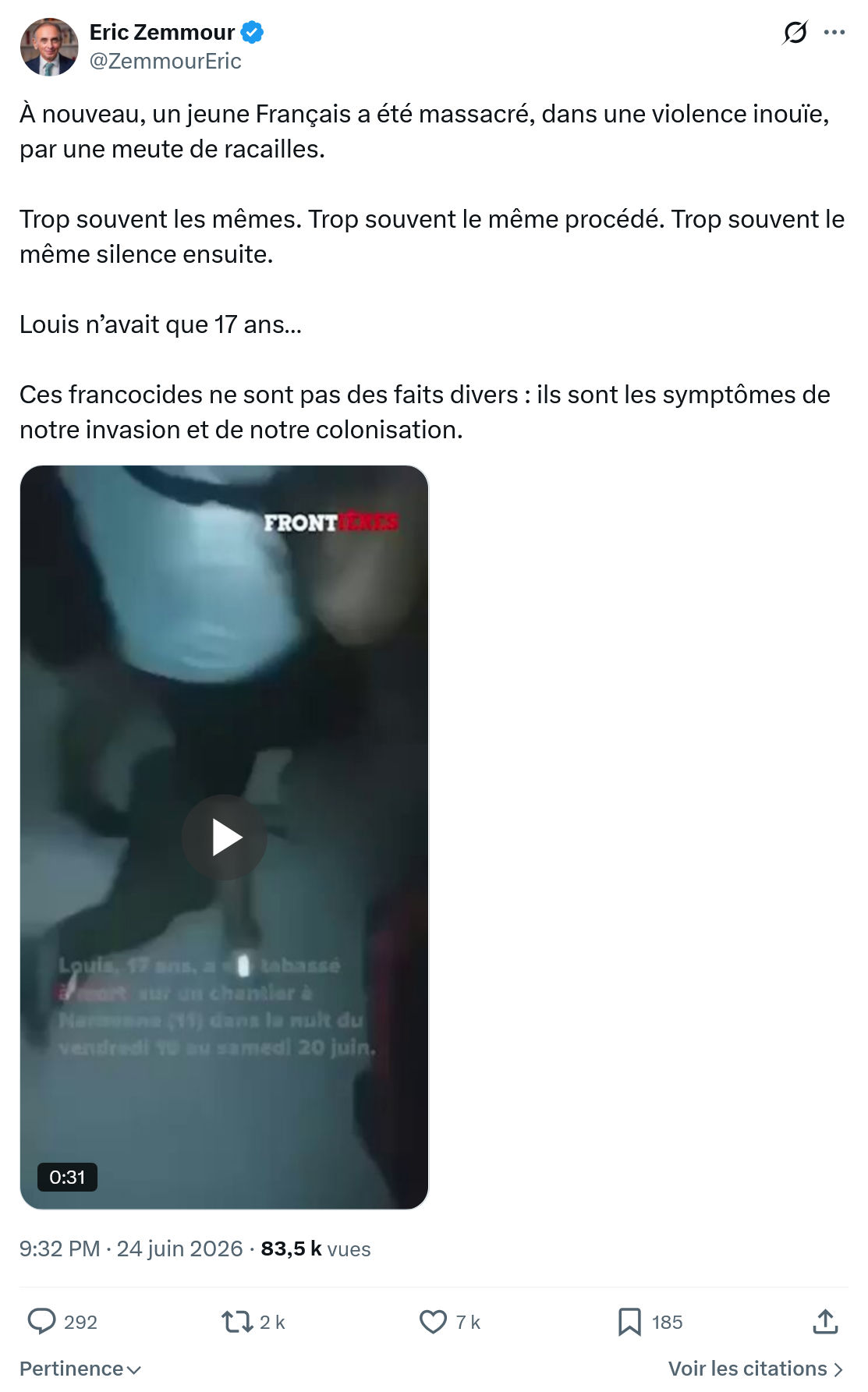 Eric Zemmour: À nouveau, un jeune Français a...