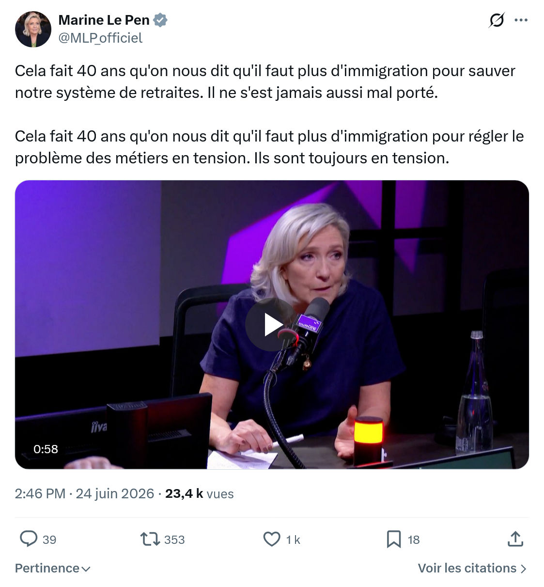Marine Le Pen: Cela fait 40 ans qu'on nous dit...