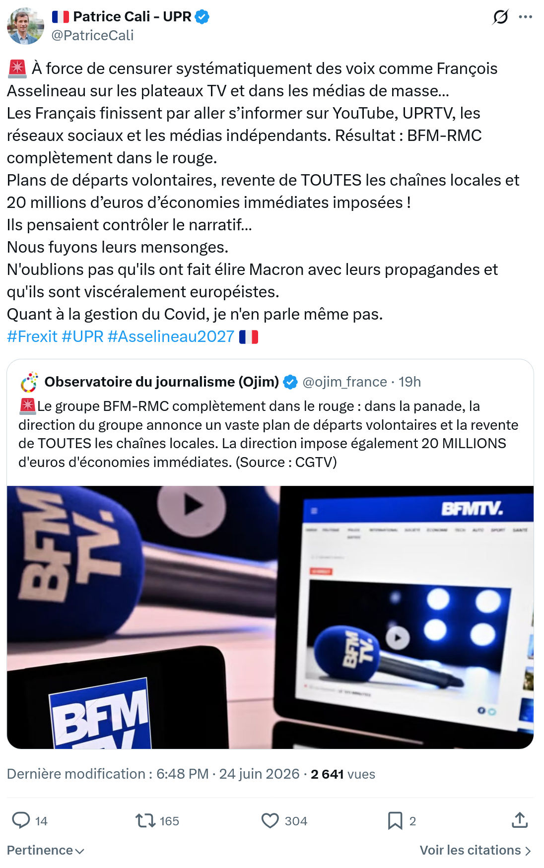 Patrice Cali:  À force de censurer systématiquement...