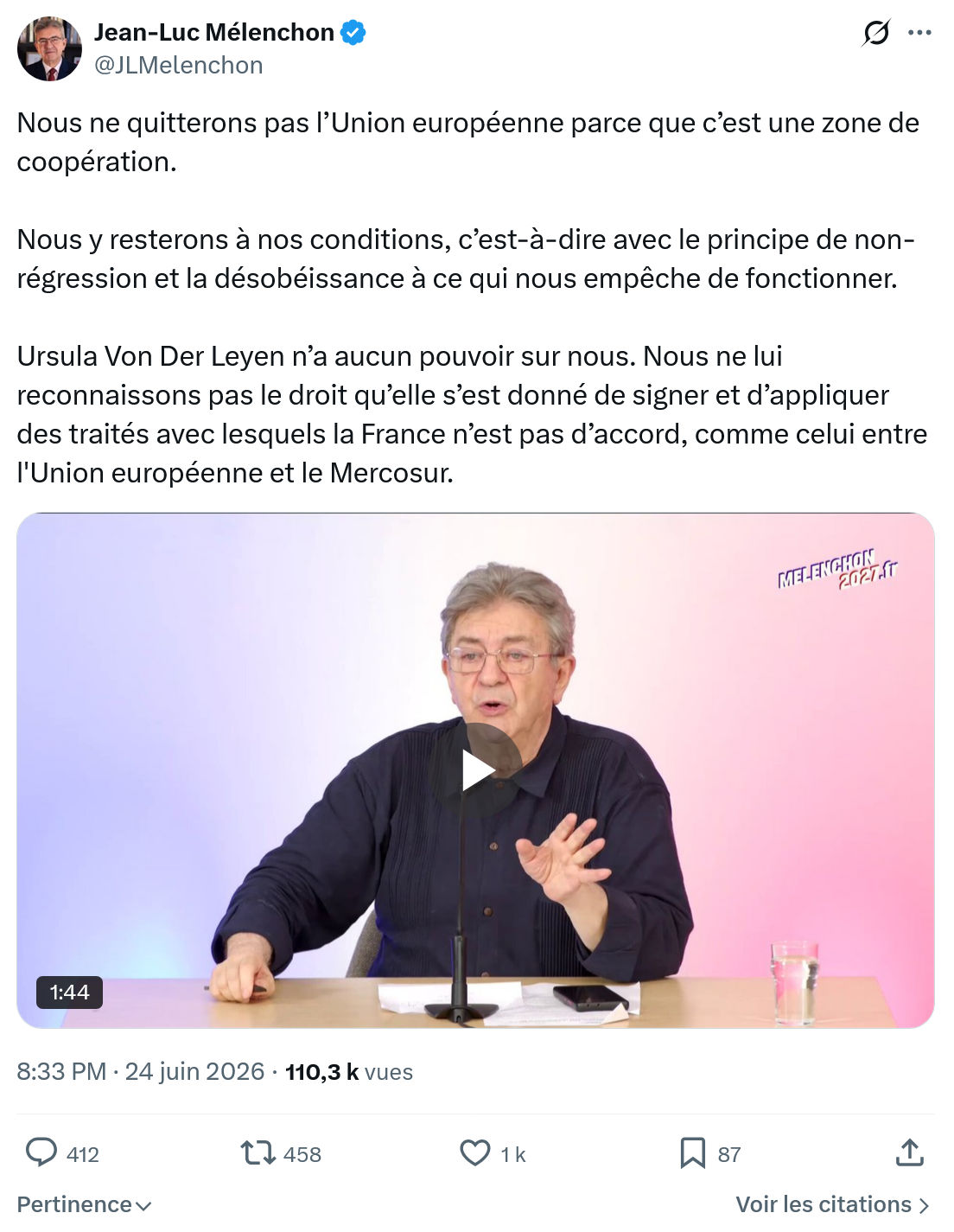 Jean-Luc Mélenchon: Nous ne quitterons pas l’Union européenne...