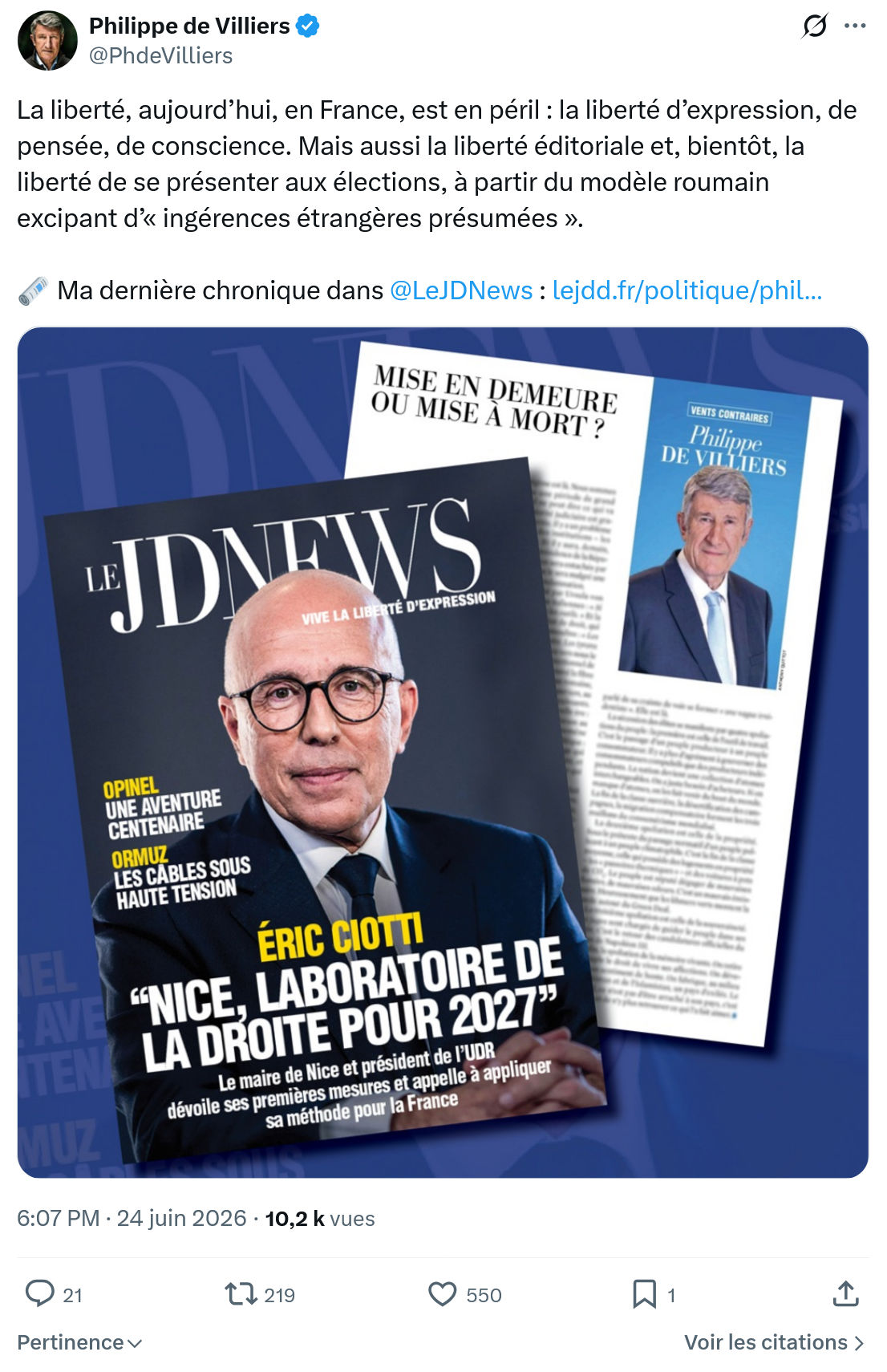 Philippe de Villiers: La liberté, aujourd’hui, en France...
