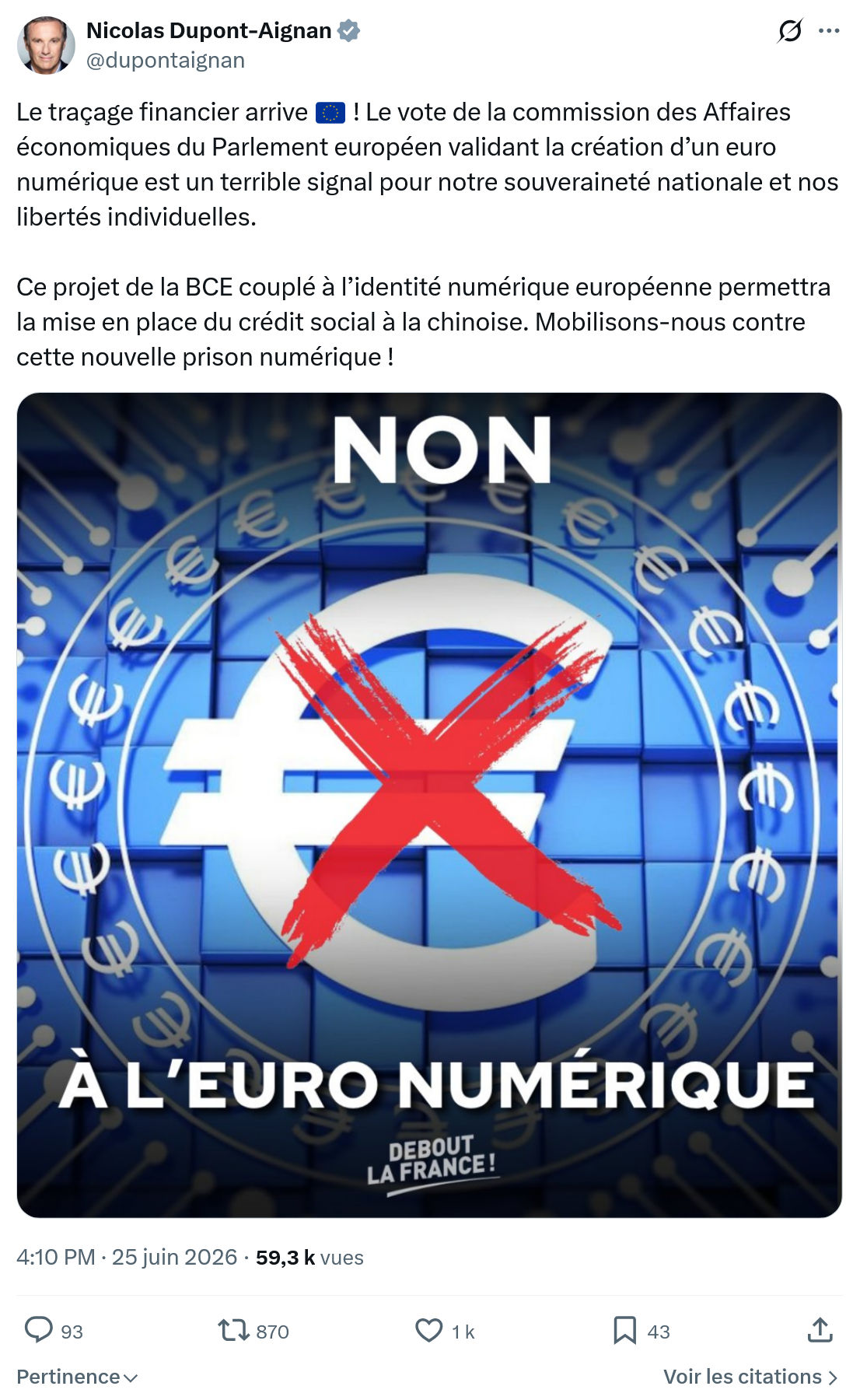 Nicolas Dupont-Aignan: Le traçage financier arrive 🇪🇺 ! Le vote...