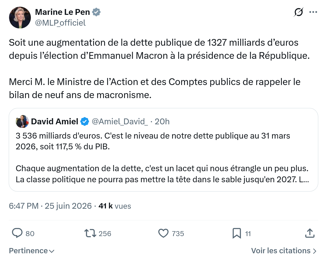 Marine Le Pen: Soit une augmentation de la dette...