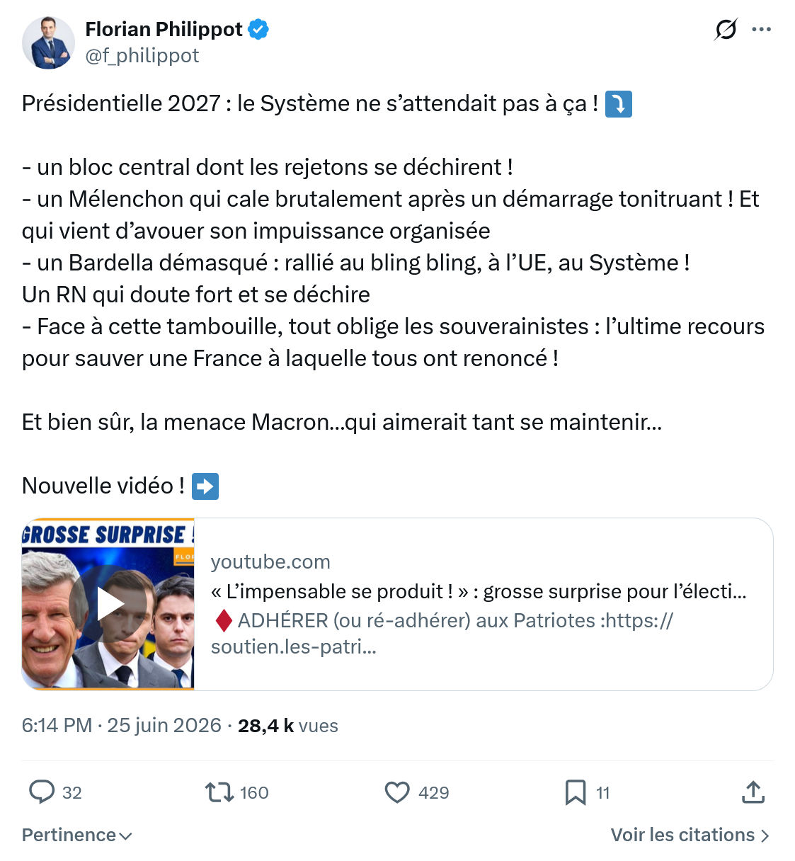 Florian Philippot: Présidentielle 2027 : le Système ne s’attendait