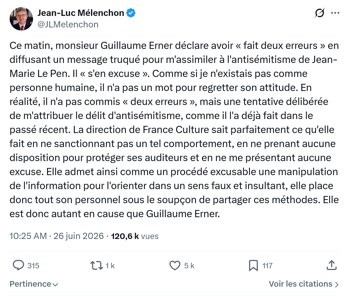 Jean-Luc Mélenchon: Ce matin, monsieur Guillaume Erner...