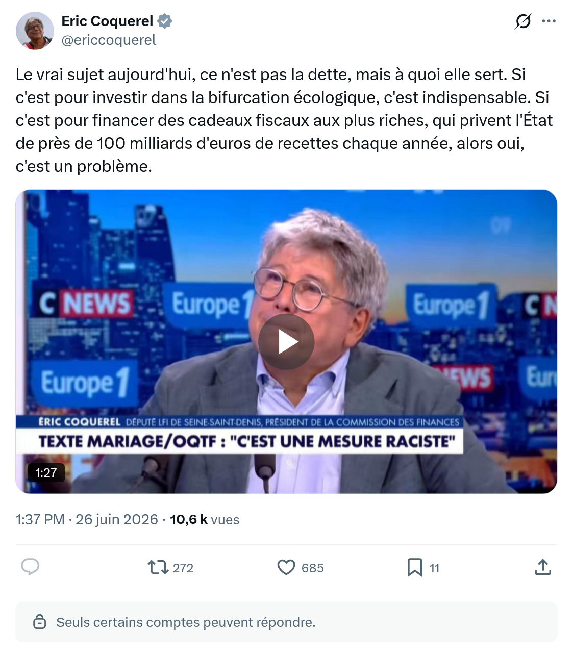 Eric Coquerel: Le vrai sujet aujourd'hui, ce n'est pas la dette...