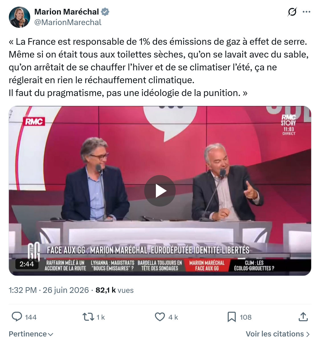 Marion Maréchal- Le Pen: La France est responsable de 1%...