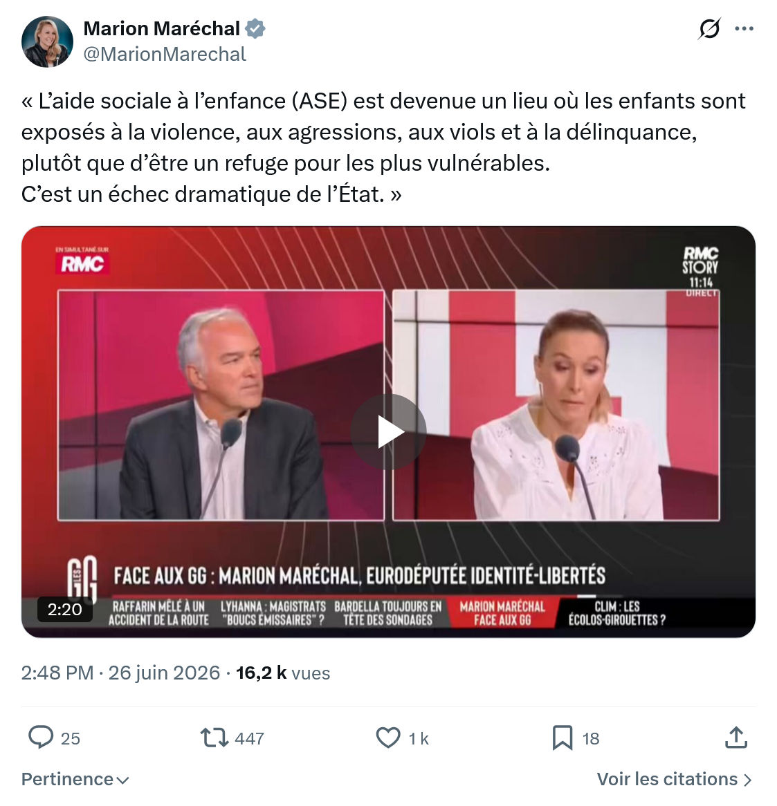 Marion Maréchal- Le Pen: L’aide sociale à l’enfance (ASE) est...