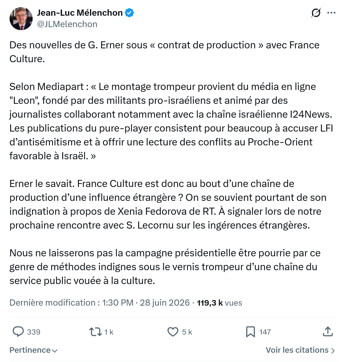 Jean-Luc Mélenchon: Des nouvelles de G. Erner sous...