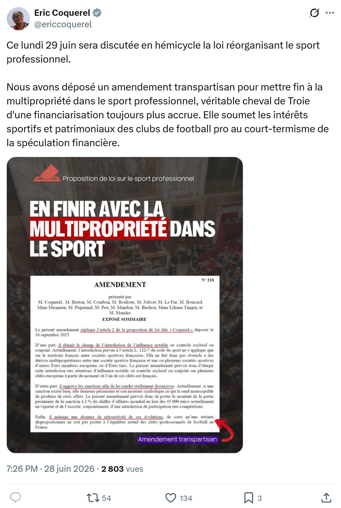 Eric Coquerel: Ce lundi 29 juin sera discutée...