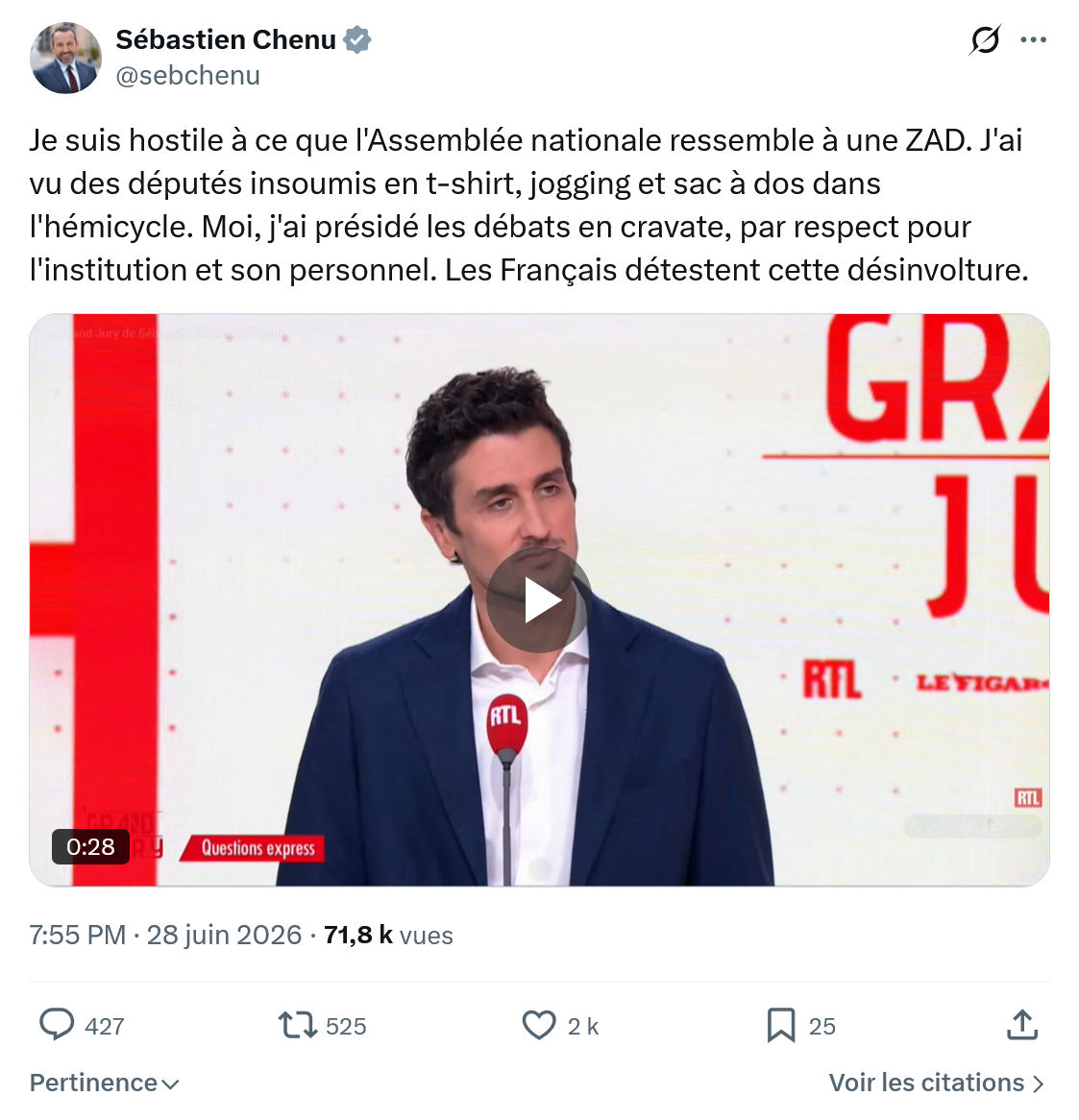 Sébastien Chenu: Je suis hostile à ce que l'Assemblée nationale ressemble...