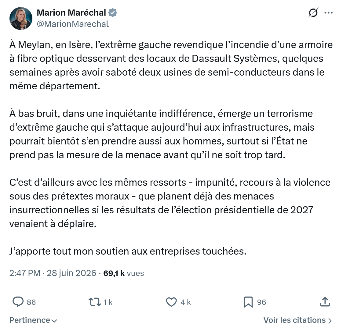 Marion Maréchal- Le Pen: À Meylan, en Isère, l’extrême gauche...