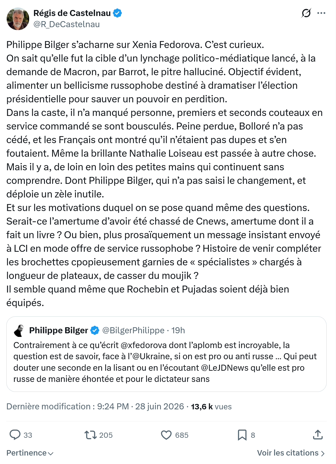 Régis de Castelnau: Philippe Bilger s’acharne sur Xenia Fedorova...