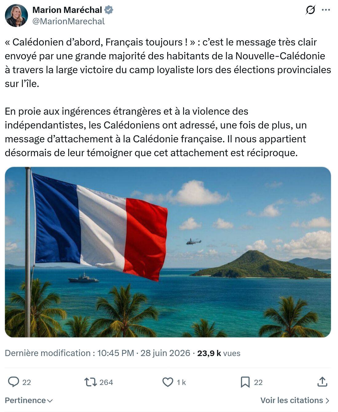Marion Maréchal- Le Pen: « Calédonien d’abord, Français toujours ! »...