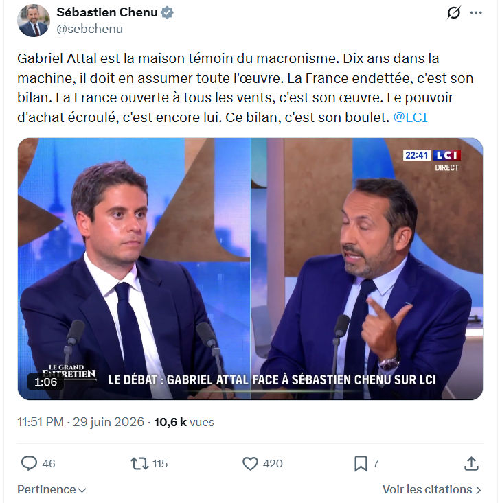 Sébastien Chenu: Gabriel Attal est la maison témoin...