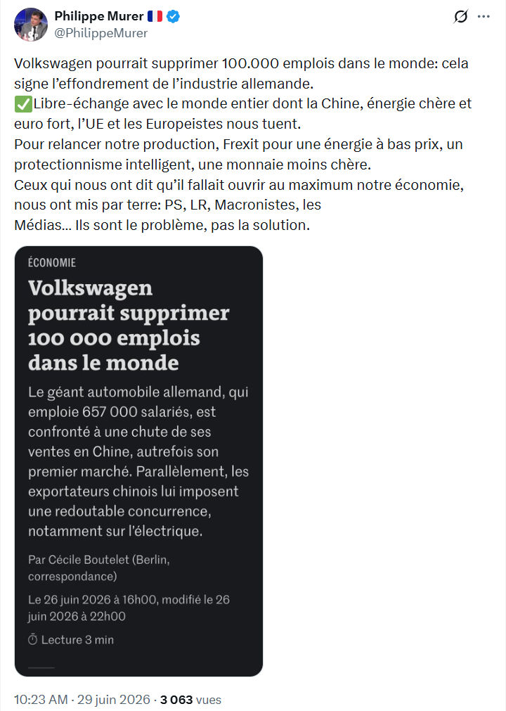 Philippe Murer: Volkswagen pourrait supprimer 100.000 emplois dans...