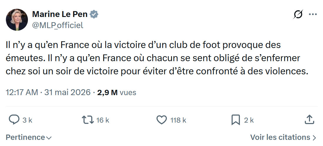Marine Le Pen: Il n’y a qu’en France où la victoire…