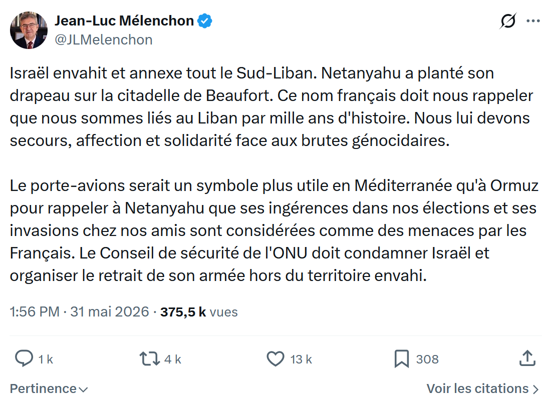 Jean-Luc Mélenchon: Israël envahit et annexe tout…