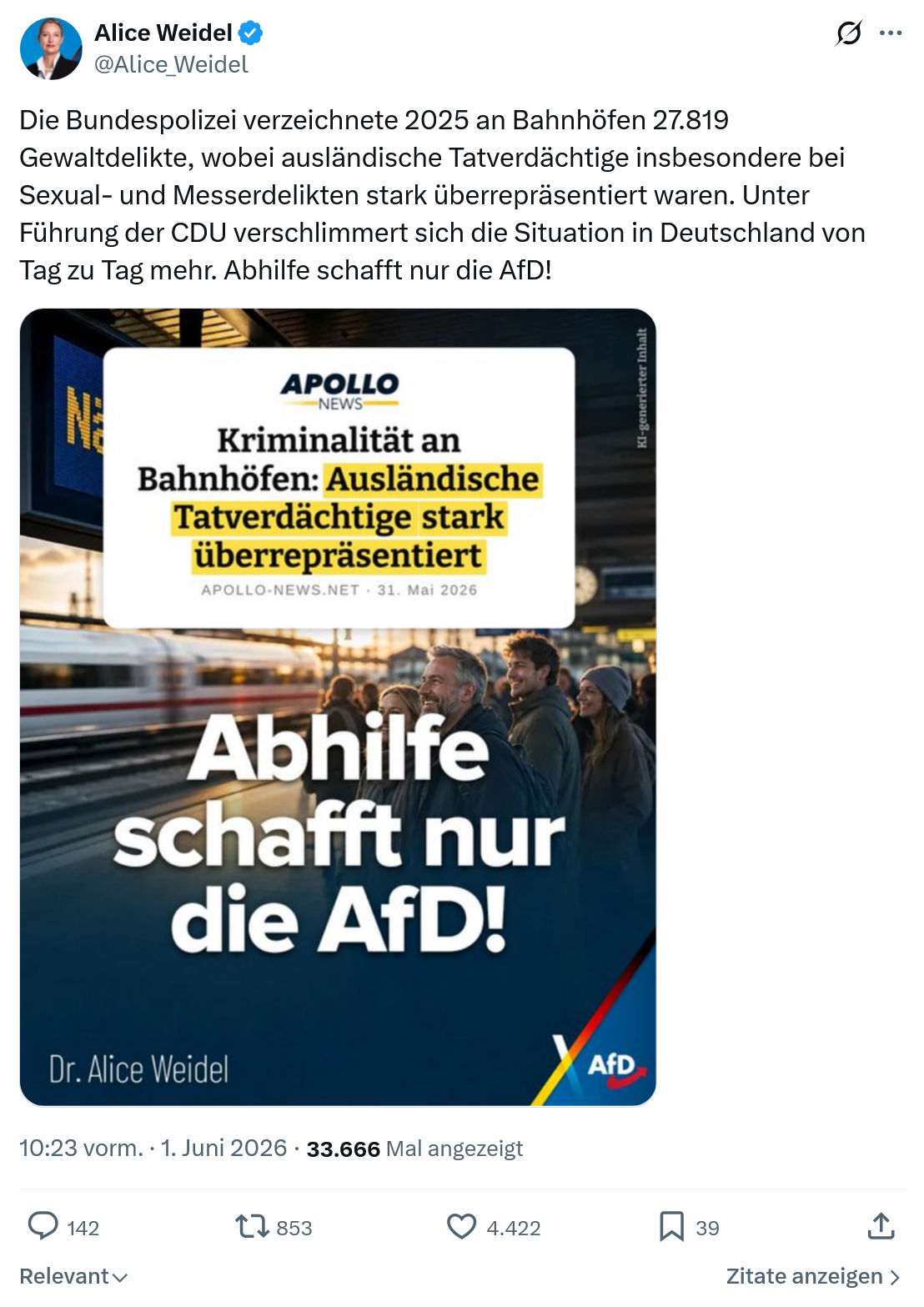 Alice Weidel: Die Bundespolizei verzeichnete 2025…