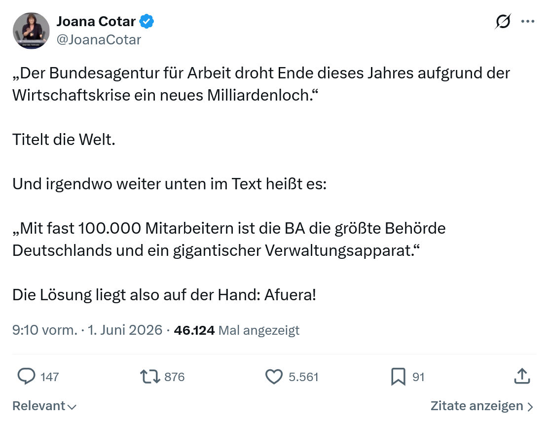 Joana Cotar: Der Bundesagentur für Arbeit…