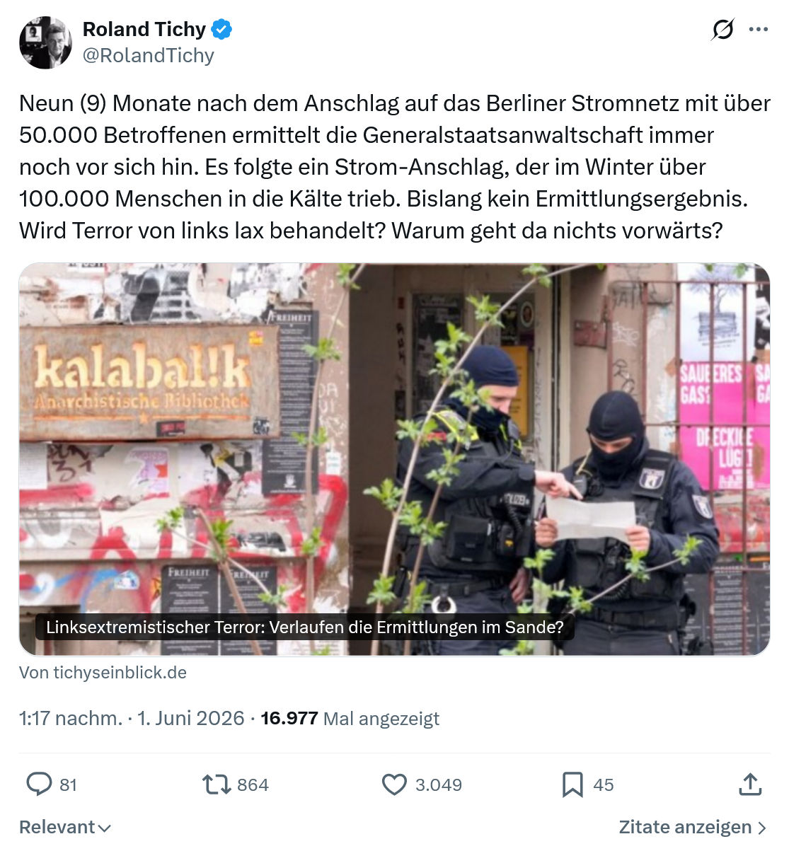 Roland Tichy: Neun (9) Monate nach dem Anschlag…