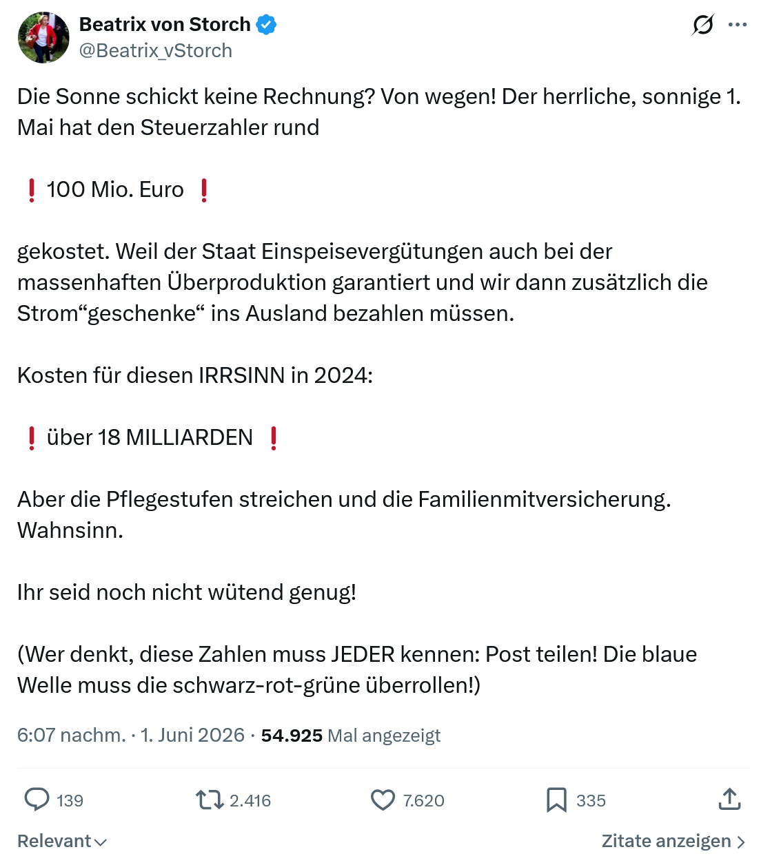 Beatrix von Storch: Die Sonne schickt keine Rechnung?…