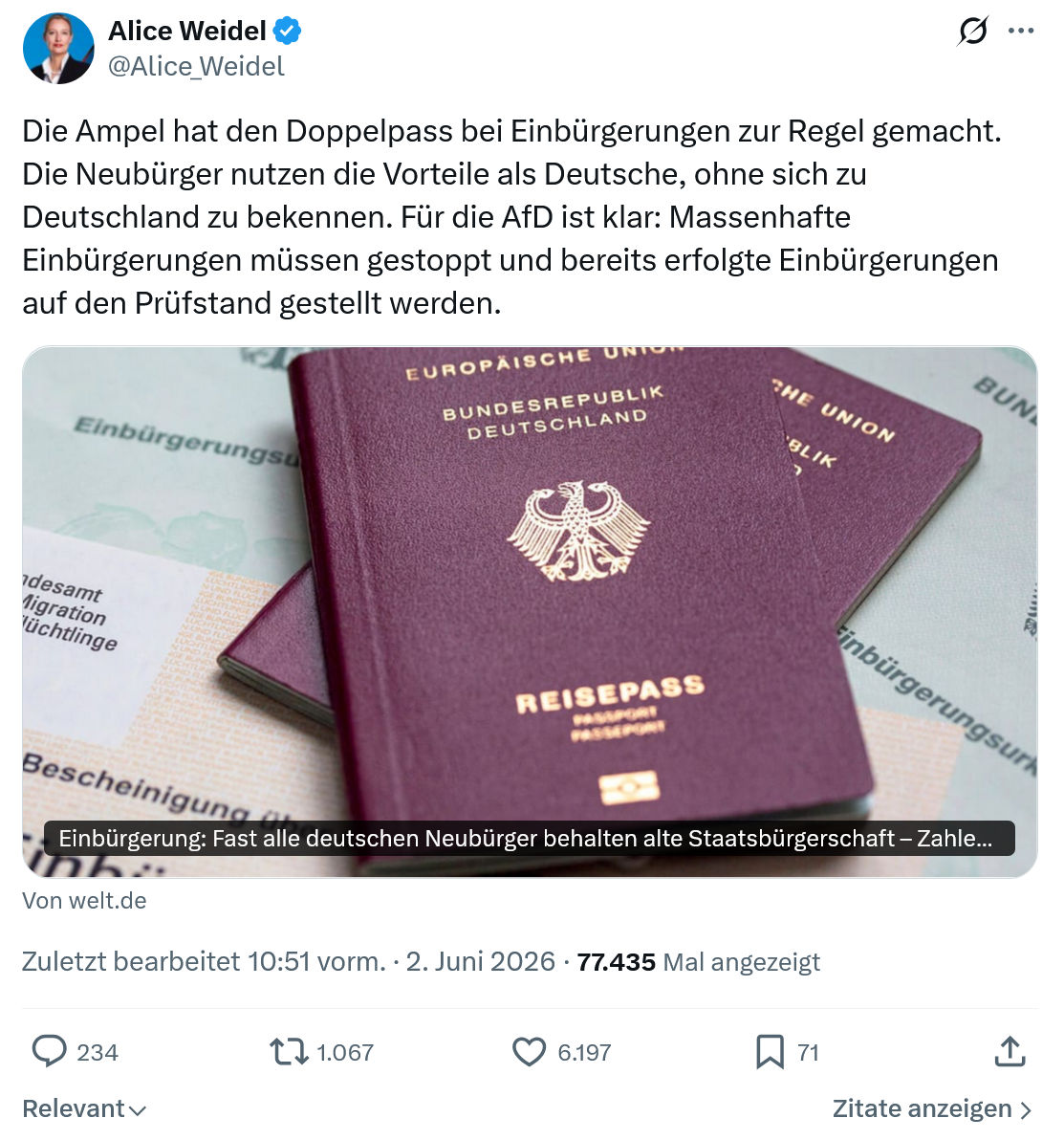 Alice Weidel: Die Ampel hat den Doppelpass…