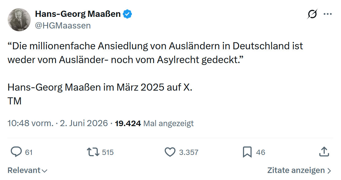 Hans-Georg Maaßen: Die millionenfache Ansiedlung von Ausländern…